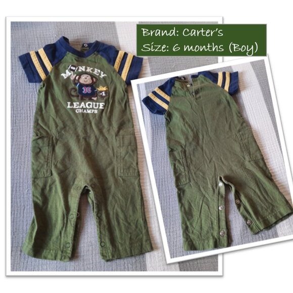 Carter's Baby Boy "Monkey League Champs" Jumpsuit/ Playsuit - Green,  6 months - Picture 1 of 16